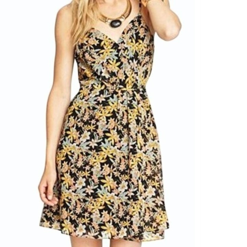 Y2K Womens Dark Floral Baby Doll Strappy V Neck Dress Retro Minimalist Med